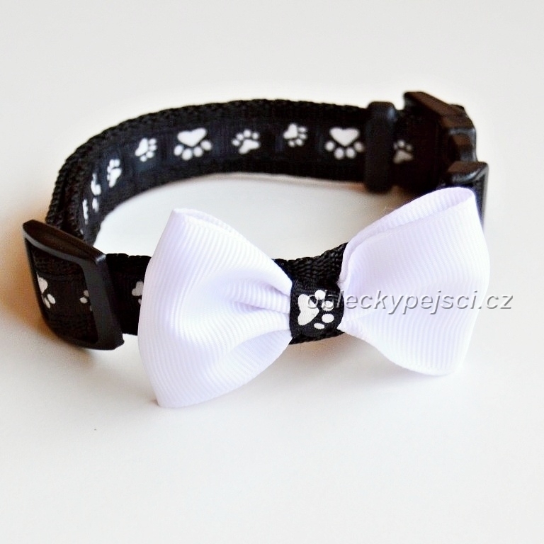 Obojek Černý - bílé tlapky s mašlí