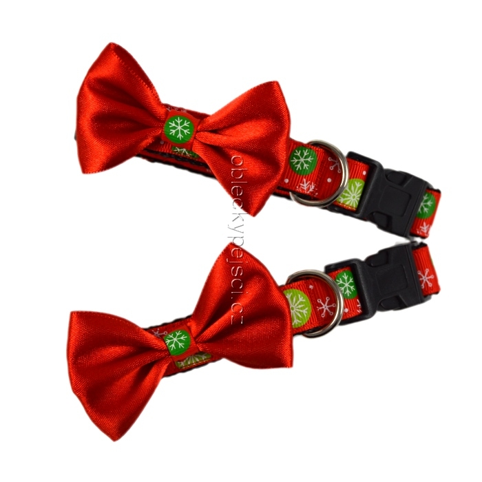 Vánoční červený obojek s vločkami a mašlí