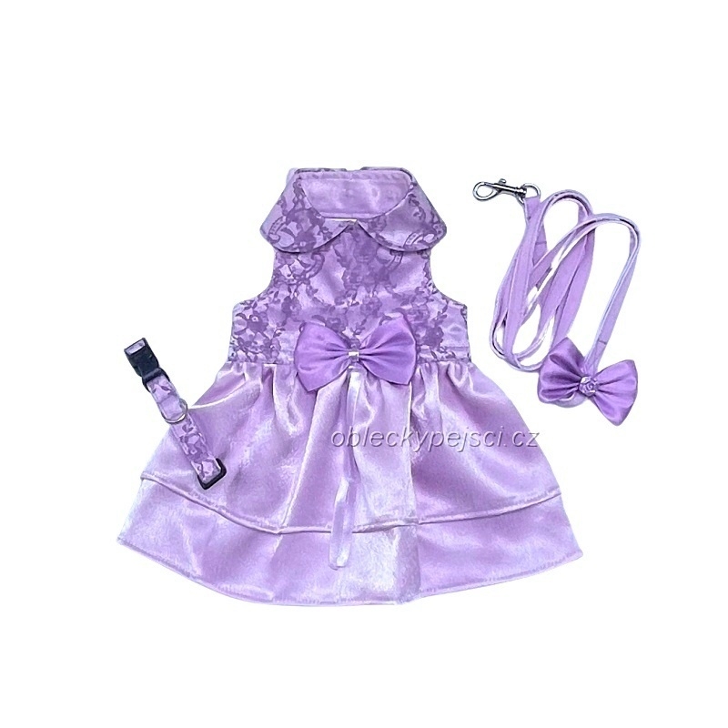 Saténovo - krajkové šaty  Fialkové + obojek + vodítko 